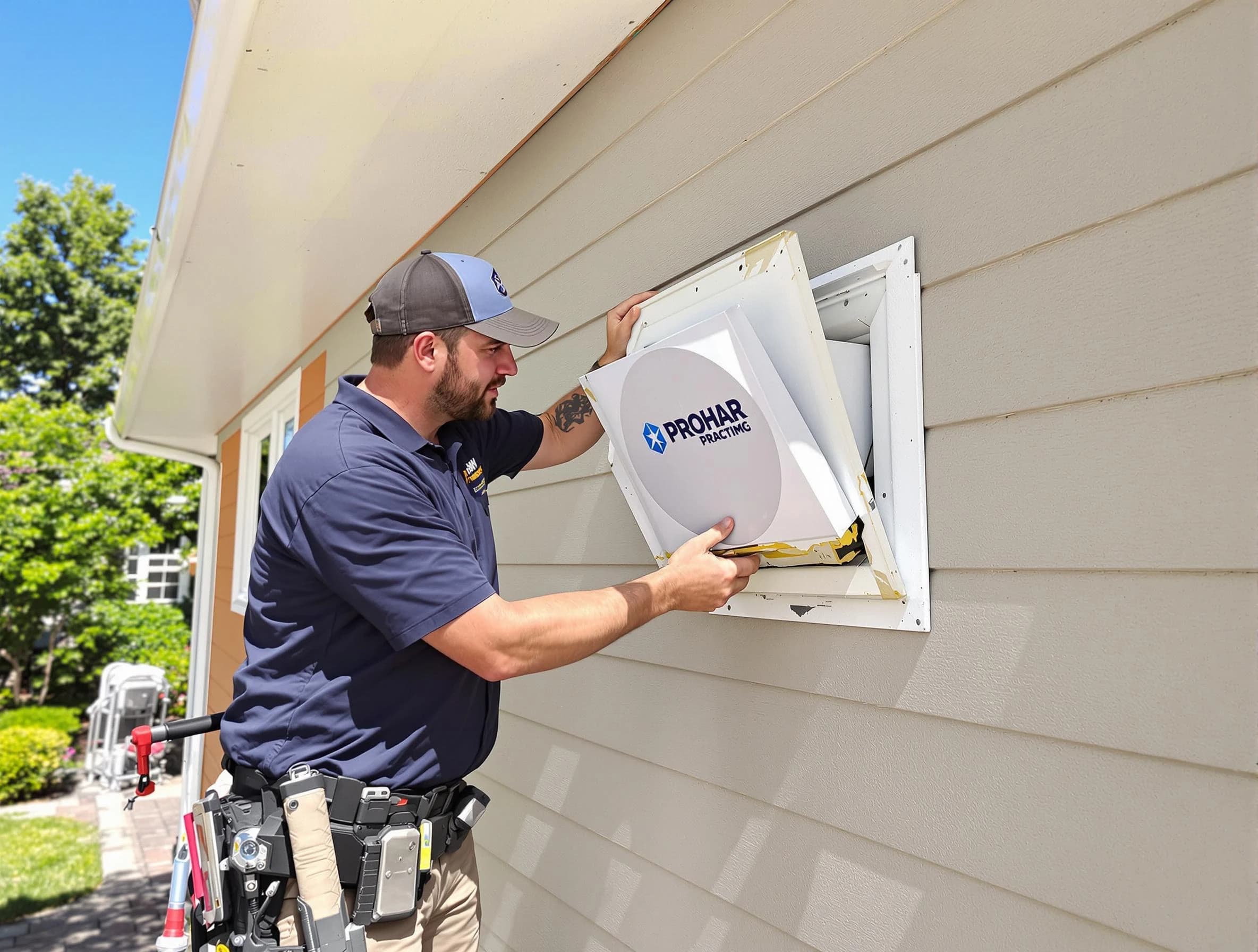 Todd Creek Dryer Vent Cleaning technician installing a new protective dryer vent cover on a home in Todd Creek